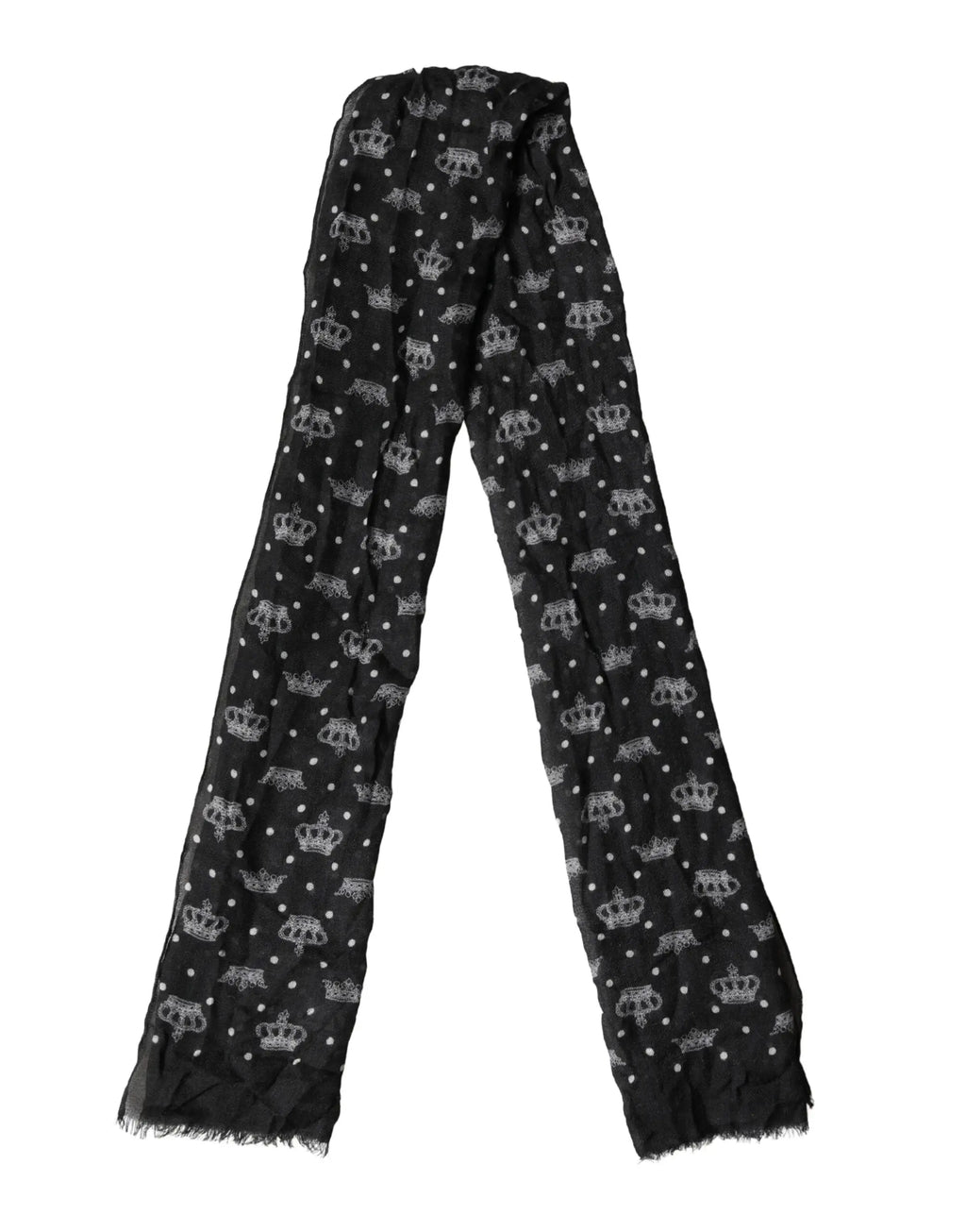Écharpe dolce & gabbana noire en laine avec motif couronnes argentées et bords effilochés 180x65 cm