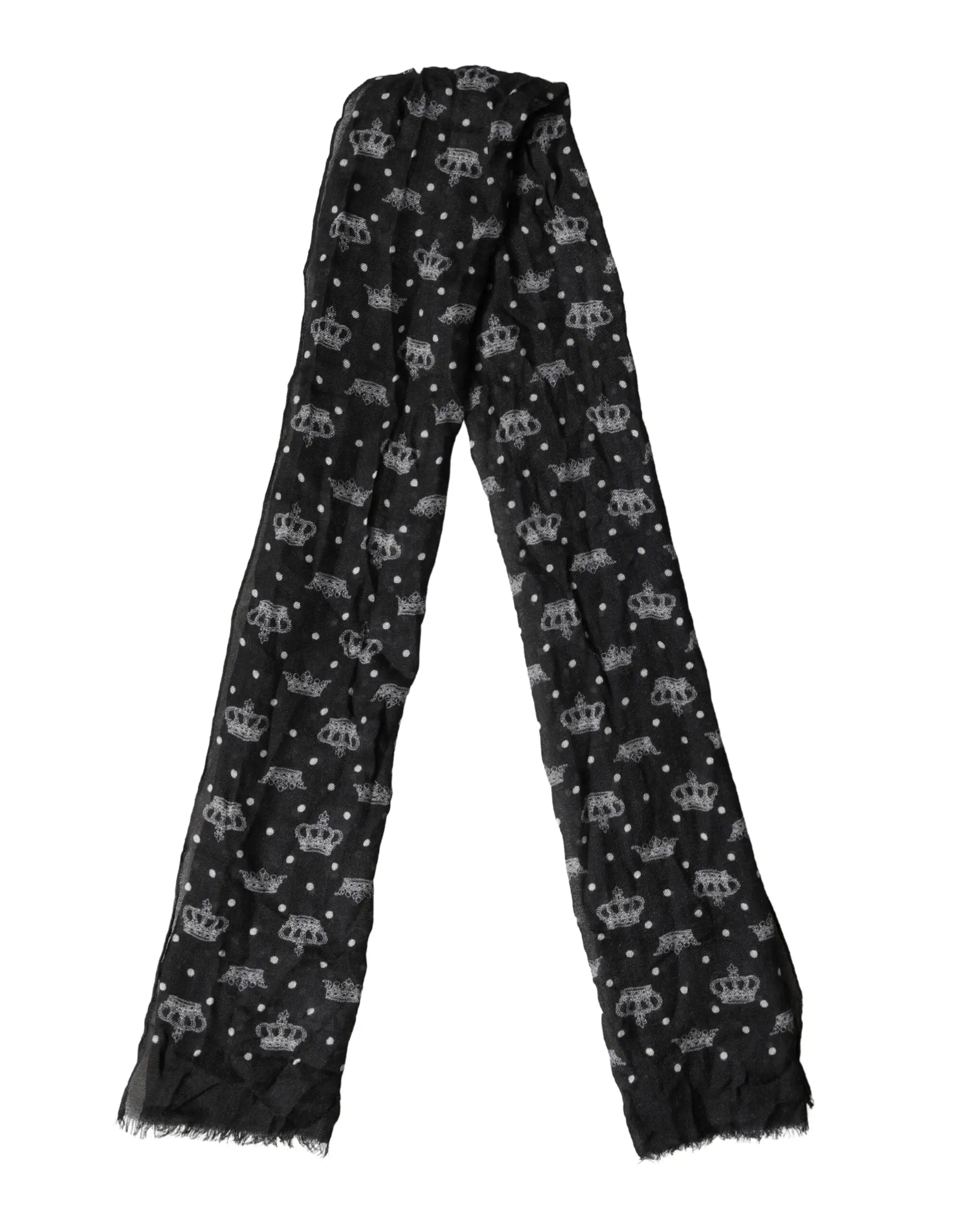 Écharpe dolce & gabbana noire en laine avec motif couronnes argentées et bords effilochés 180x65 cm