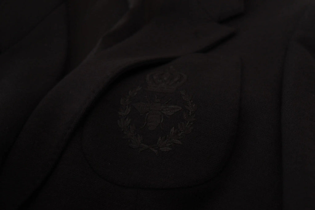 Veste blazer slim fit crown en laine noire dolce & gabbana avec tissu brodé dune abeille entourée de feuilles de laurier