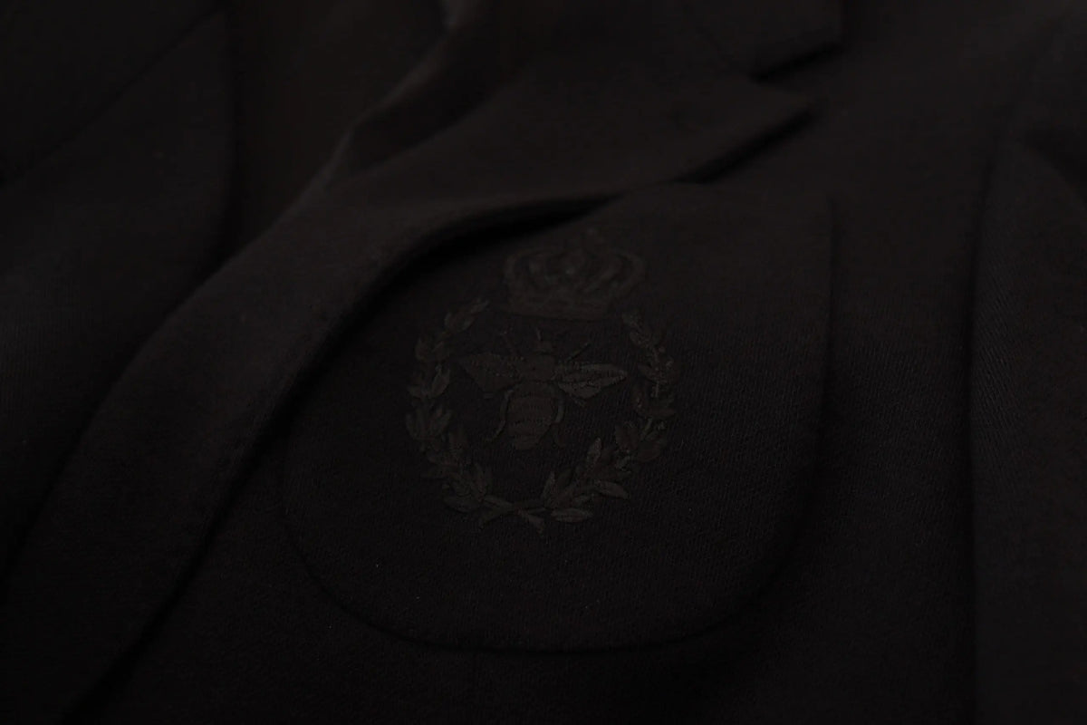 Veste blazer slim fit crown en laine noire dolce & gabbana avec tissu brodé dune abeille entourée de feuilles de laurier