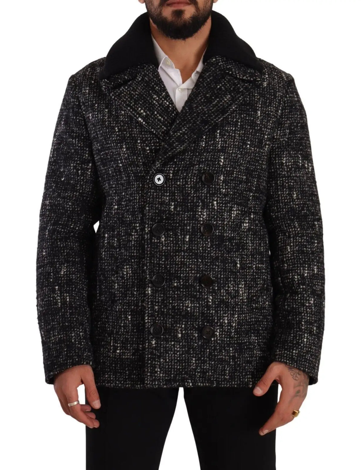 Dolce & gabbana manteau homme noir en laine à double boutonnage avec col en tweed noir et blanc doublé de fourrure noire