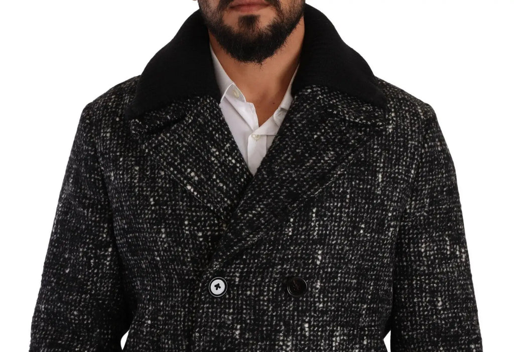 Manteau homme dolce gabbana en laine noire à chevrons blanc et noir avec col contrastant noir double boutonnage