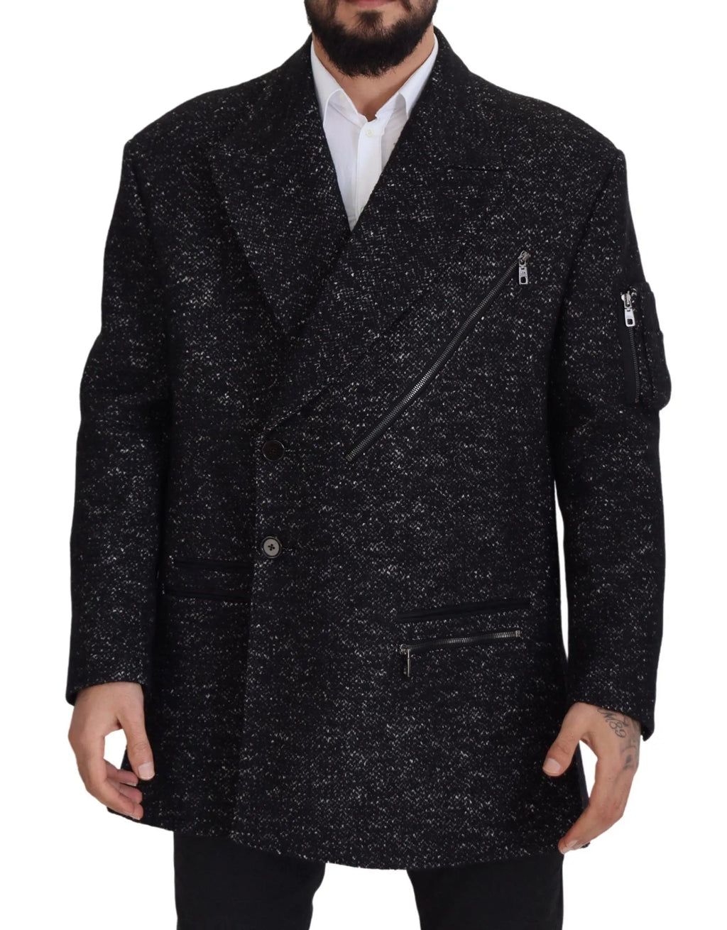 Manteau homme dolce & gabbana en laine noire texturée avec fermeture double boutonnage et zips argentés