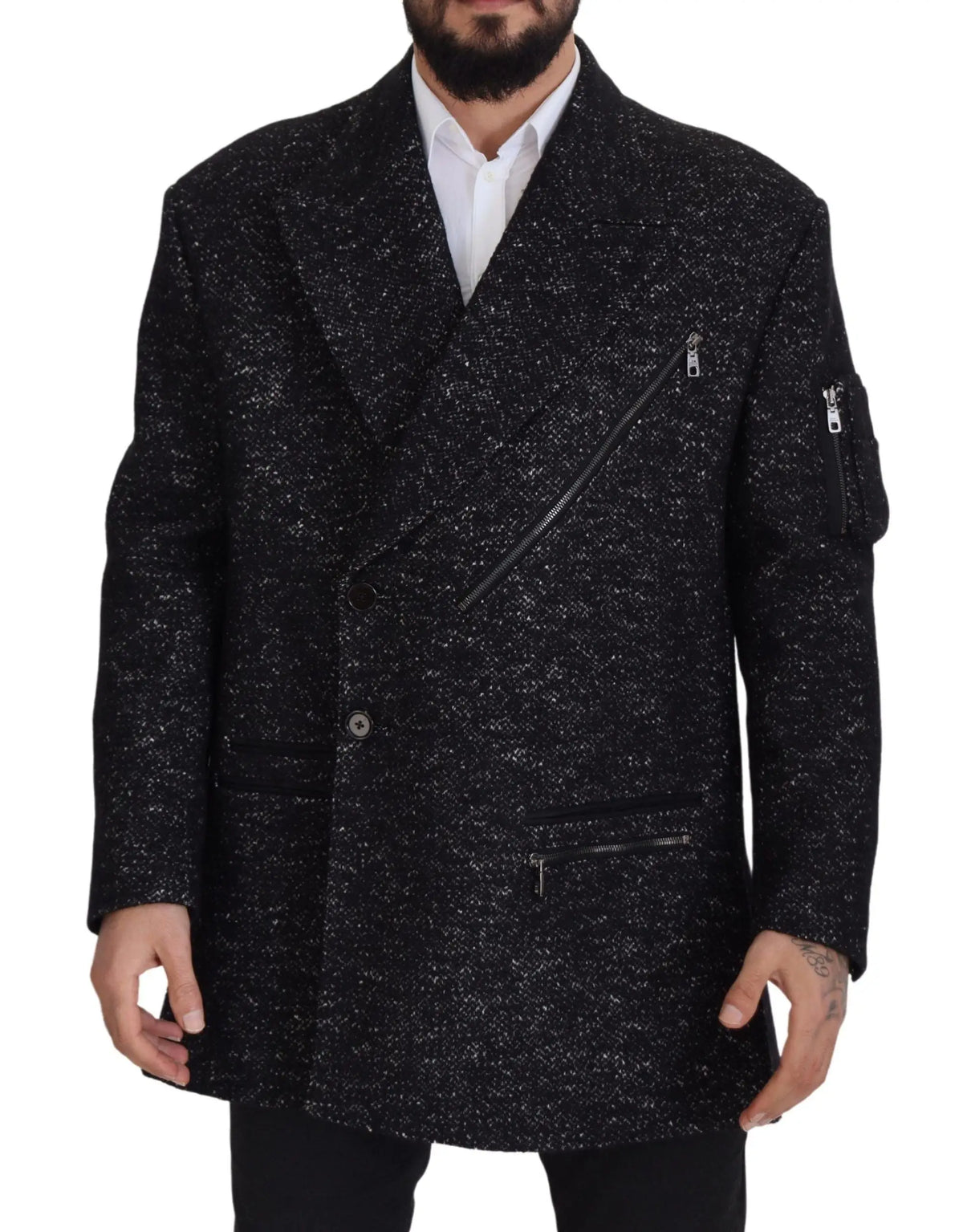 Manteau homme dolce & gabbana en laine noire texturée avec fermeture double boutonnage et zips argentés