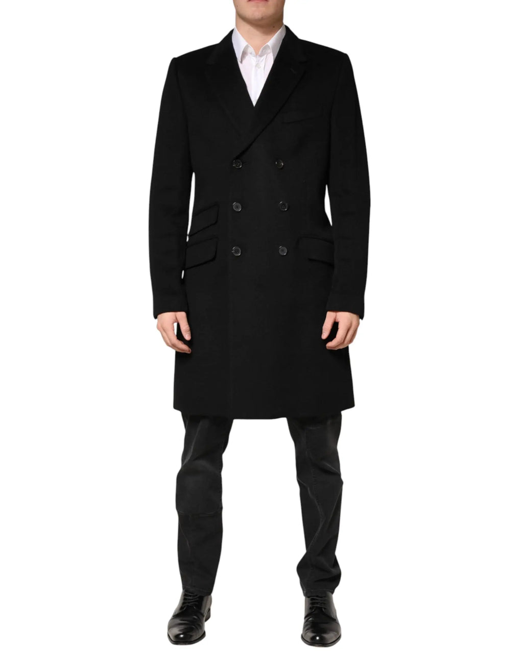 Dolce & gabbana trenchcoat noir en laine à double boutonnage avec revers crantés et boutons foncés