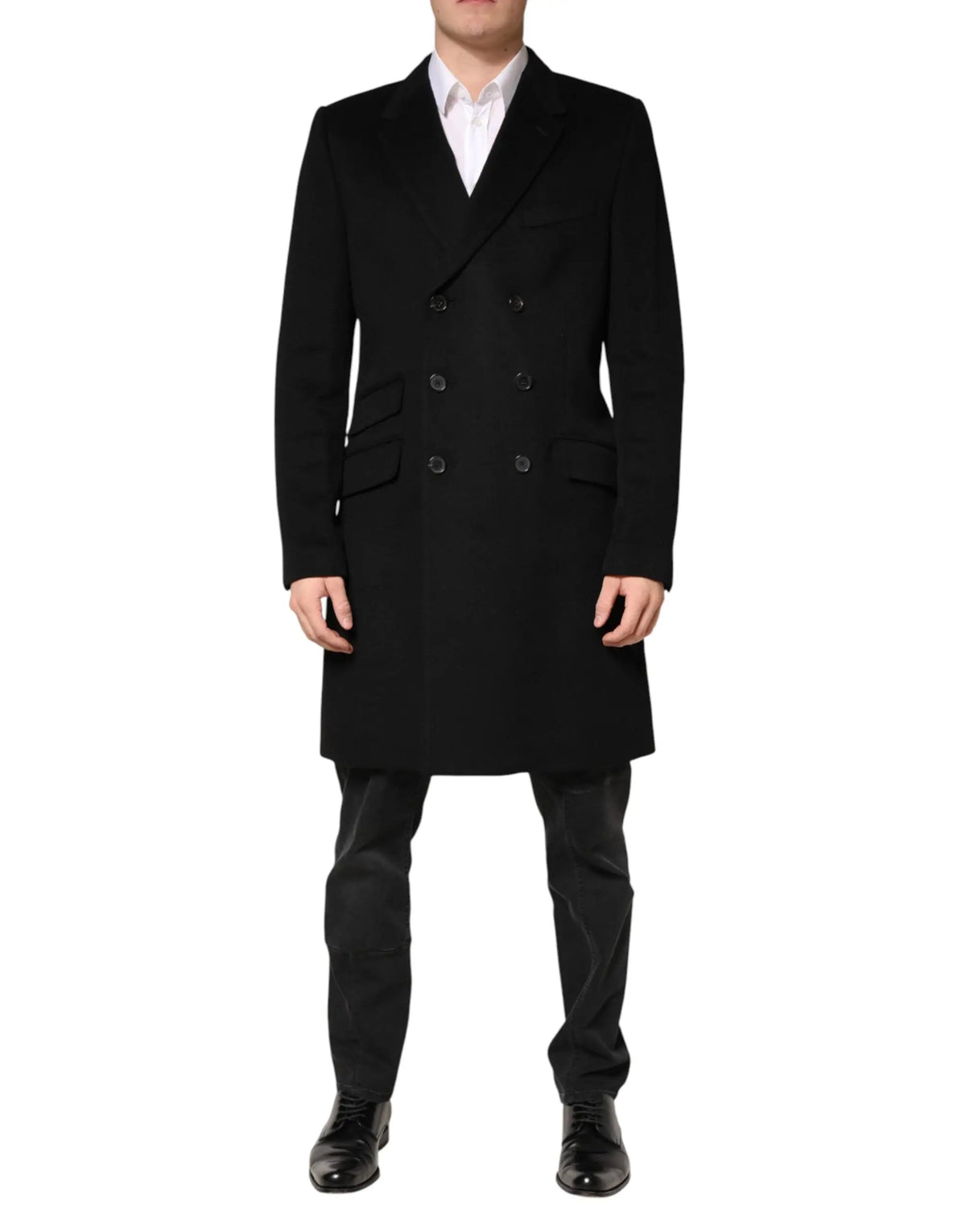 Dolce & gabbana trenchcoat noir en laine à double boutonnage avec revers crantés et boutons foncés