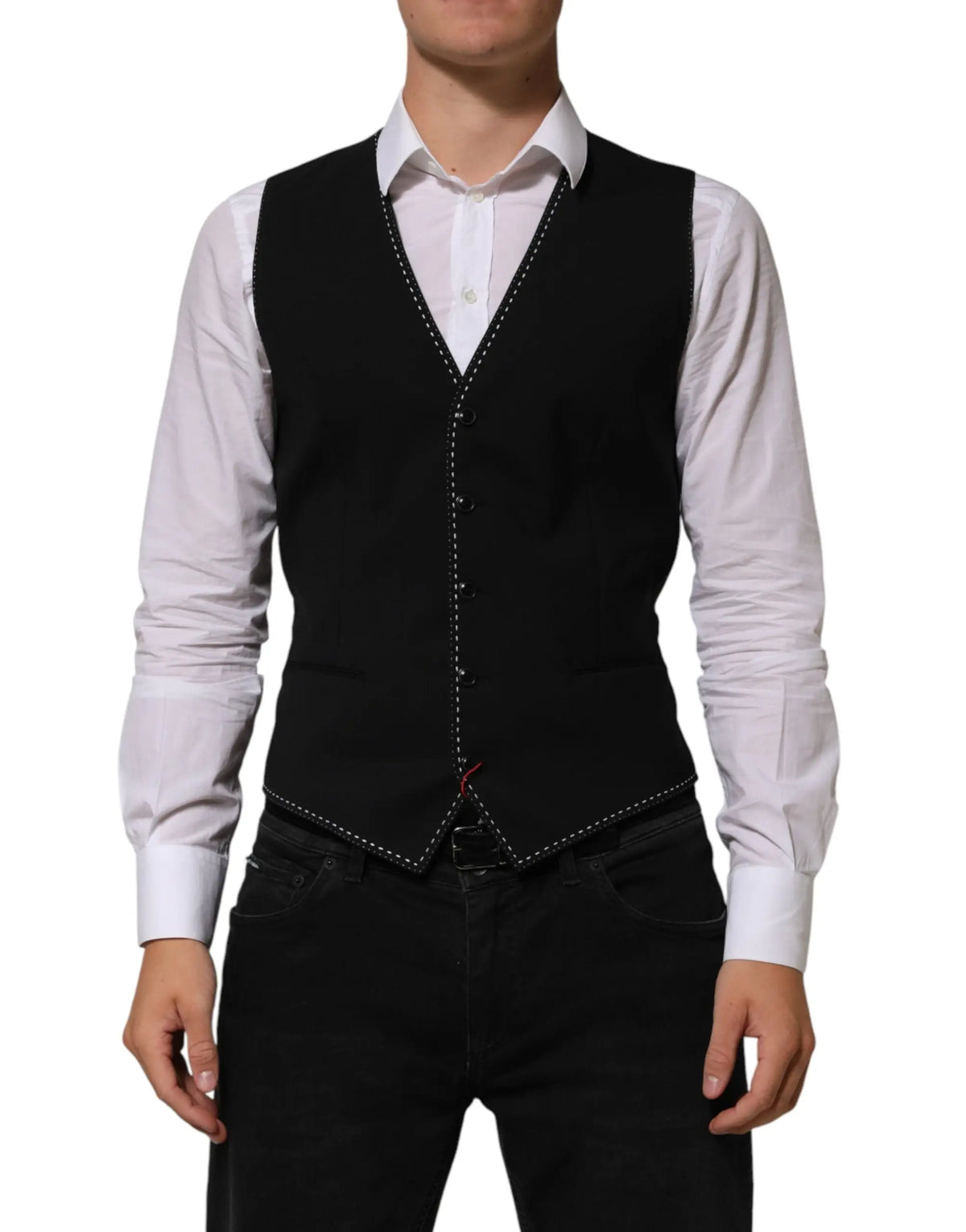 Dolce & gabbana black wool dress formal men waistcoat vest with white stitching and red thread accent at hem