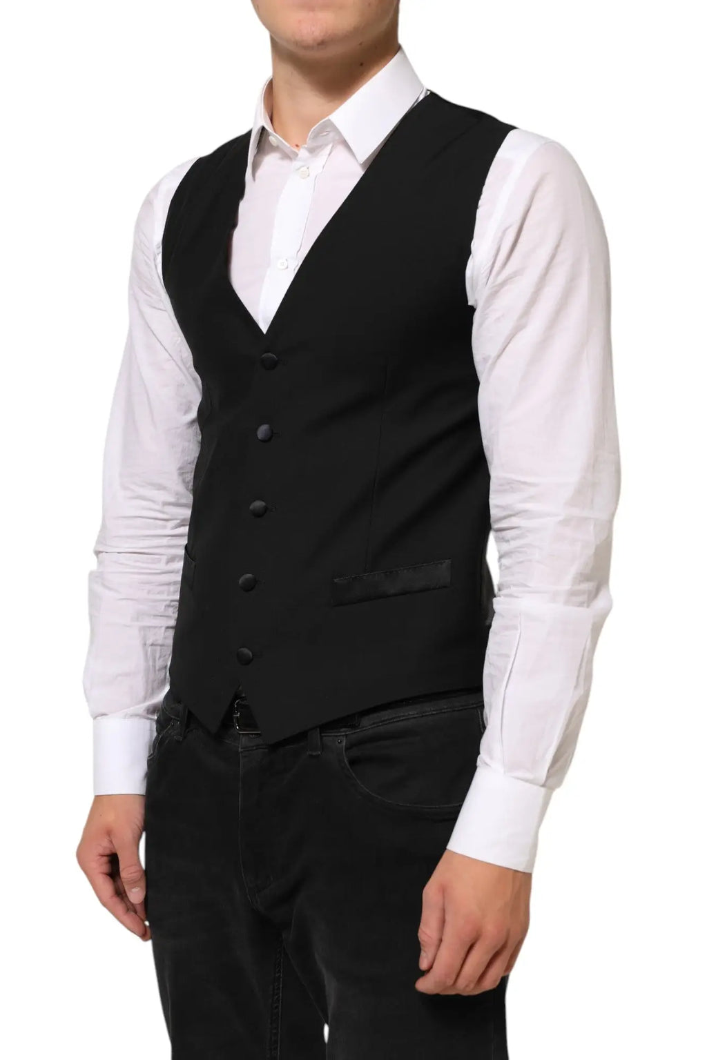 Dolce & gabbana noir gilet homme en laine formel avec cinq boutons foncés et détail de poche subtil