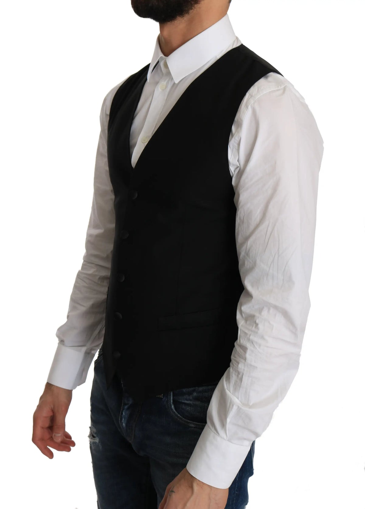 Dolce & gabbana black wool dress waistcoat with classic v-neck and button closure for formal wear