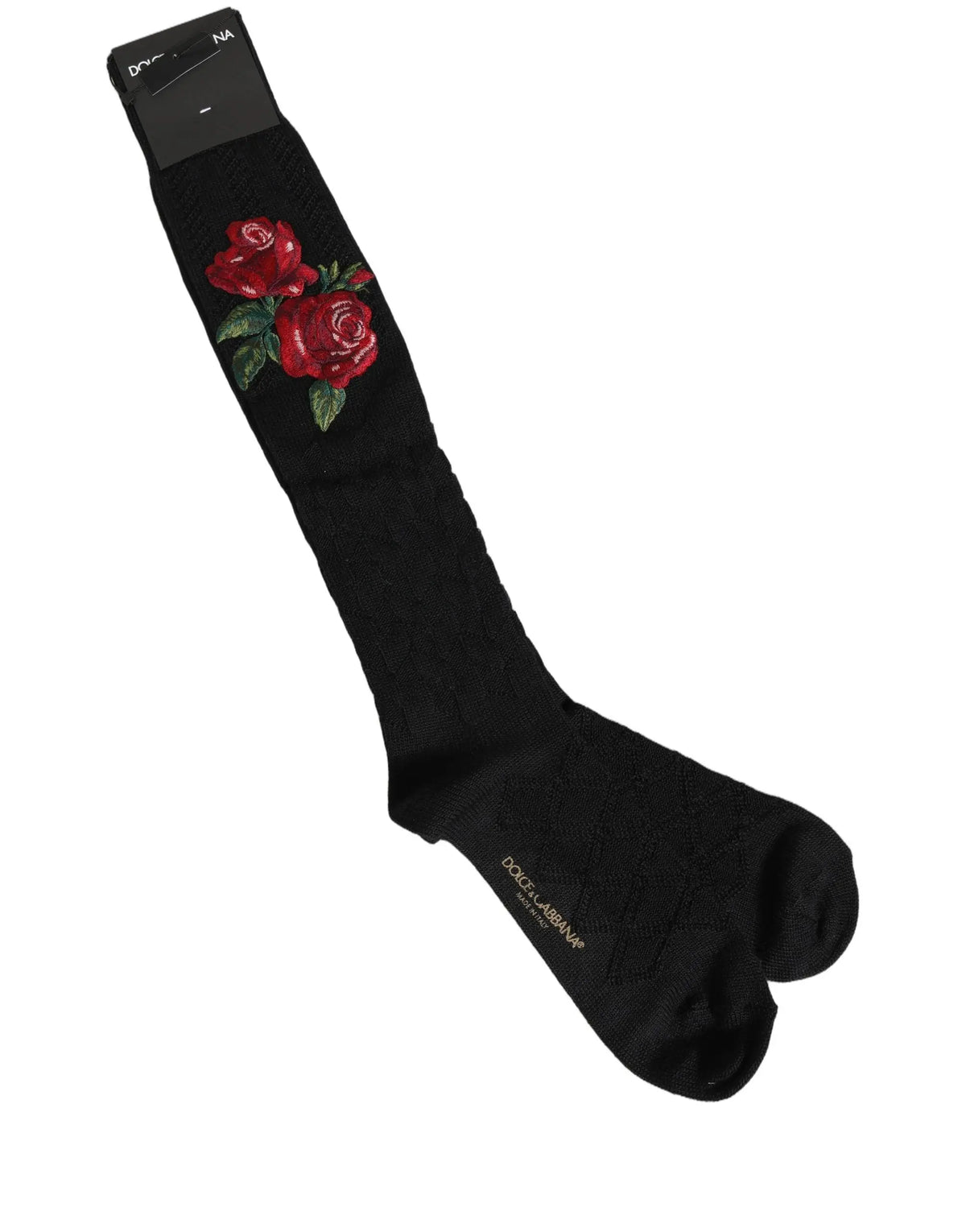 Chaussettes noires dolce & gabbana en laine montantes avec broderie de roses rouges et feuilles vertes