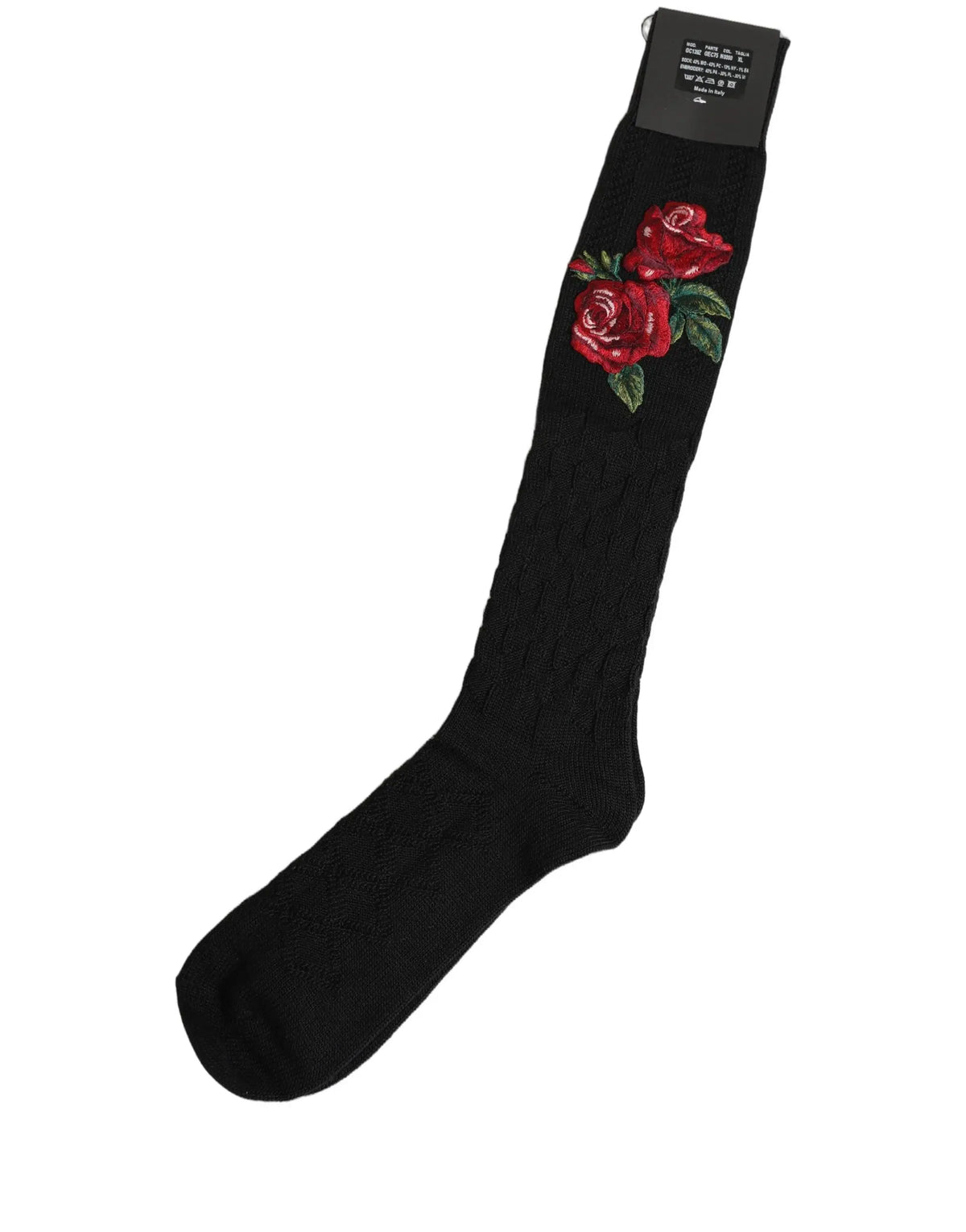 Dolce & gabbana chaussettes noires en laine jusquau genou avec broderies de roses rouges et feuilles vertes