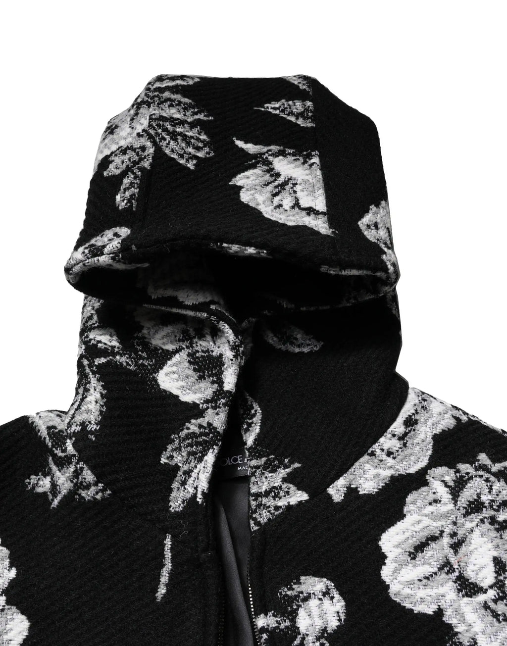 Dolce & gabbana veste à capuche homme en laine noire avec motif floral noir et blanc en tissu tricoté texturé