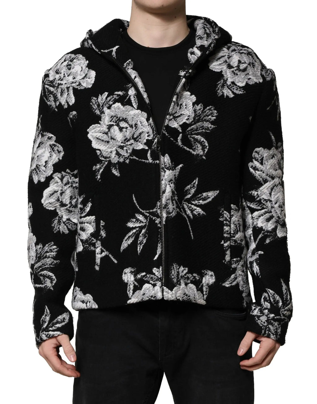 Dolce & gabbana sweat à capuche pour homme en laine noire avec motif floral en relief blanc et gris