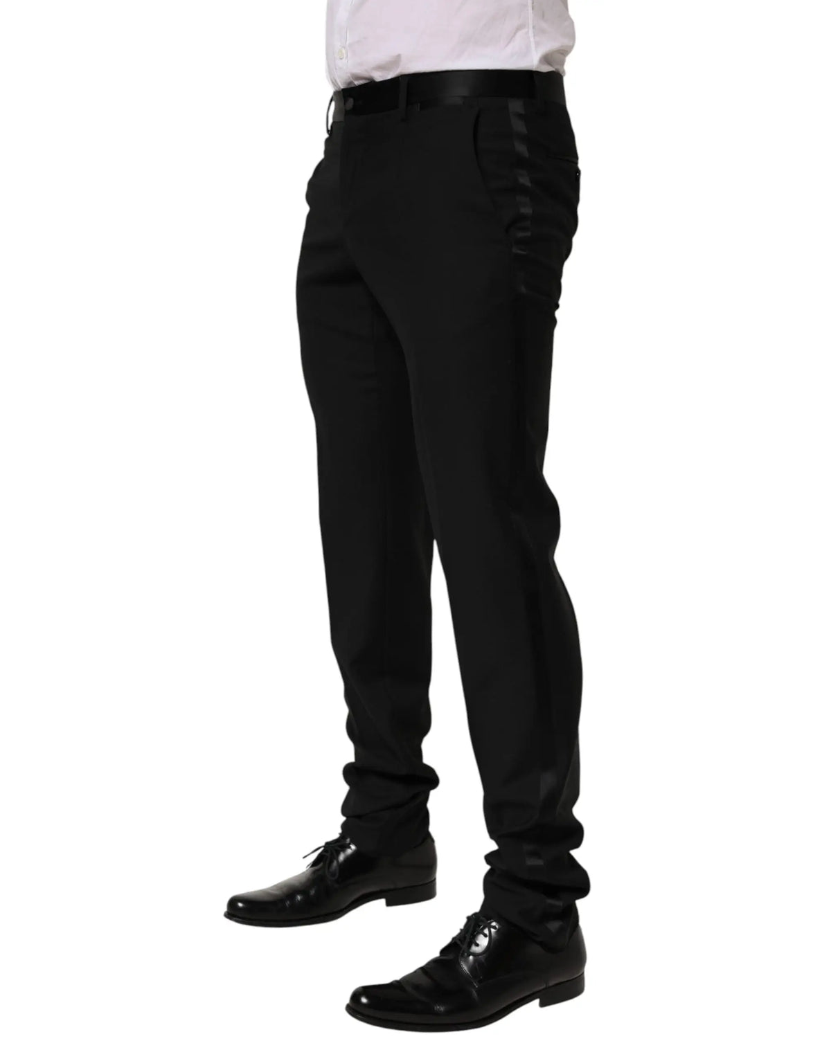 Pantalon homme dolce & gabbana noir en laine avec coupe slim et rayures satinées verticales sur la couture extérieure