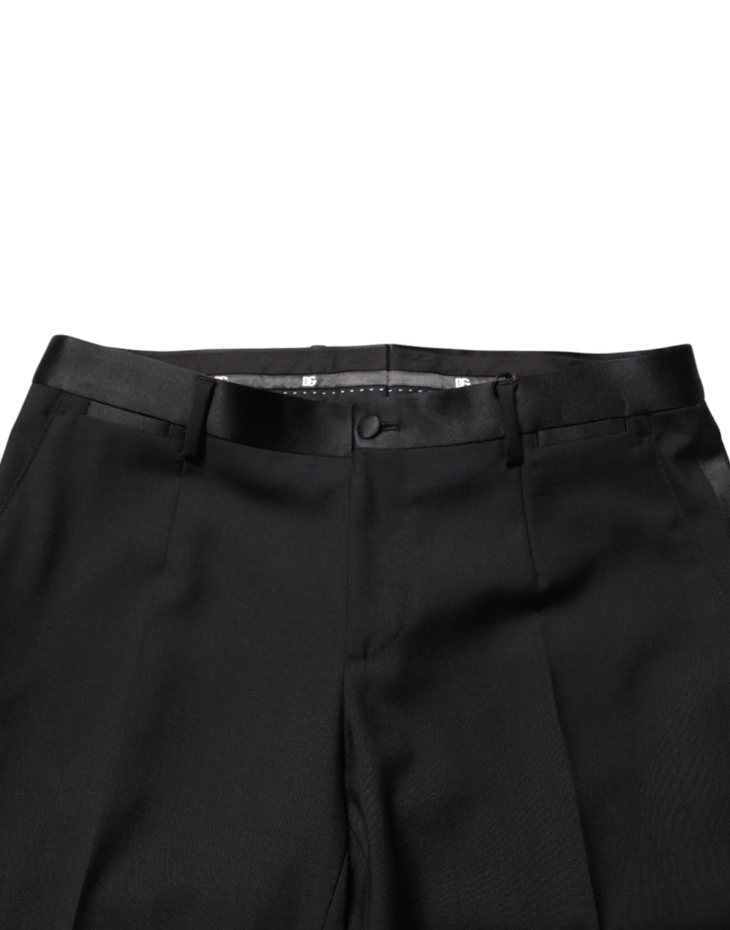 Pantalon homme formel en laine noire dolce & gabbana avec boucle de ceinture en satin et plis subtils