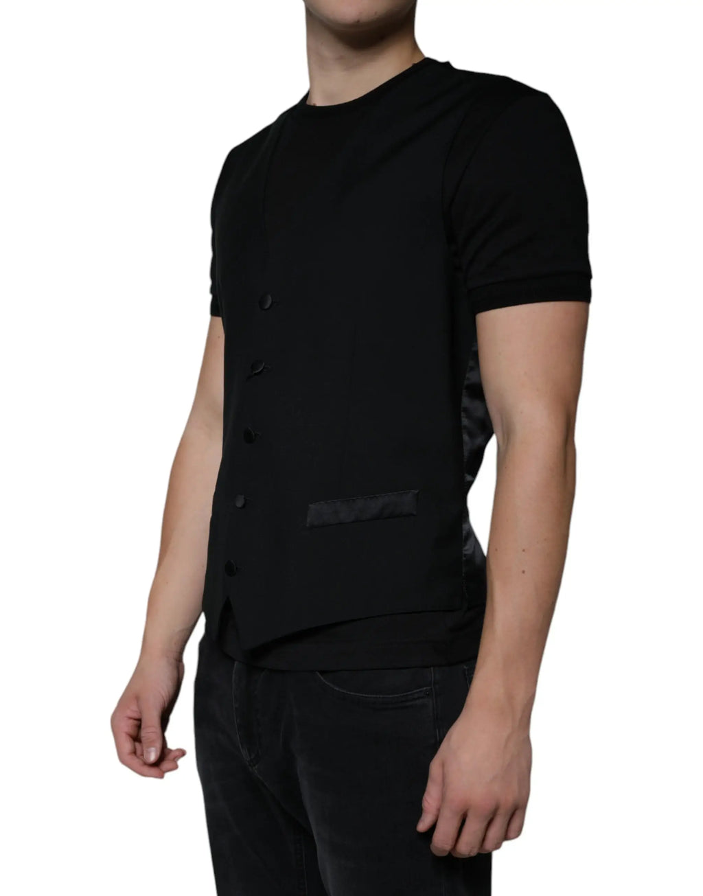 Dolce & gabbana black wool waistcoat vest with button-front and subtle textured side patch for formal dress men