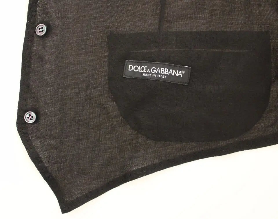 Gilet de costume formel dolce & gabbana noir en lin texturé avec boutons assortis et étiquette de poche brandée