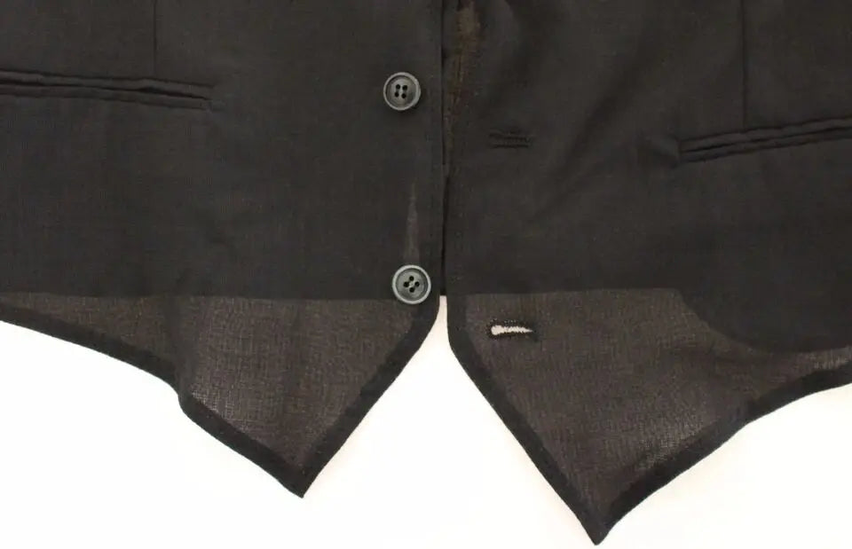 Dolce & gabbana gilet veste formelle en laine noire avec deux boutons gris foncé et motif texturé subtil au bord