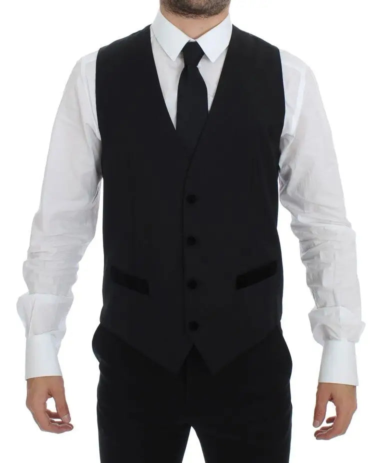 Dolce & gabbana gilet formel en laine noire avec bordure satinée et cinq boutons noirs