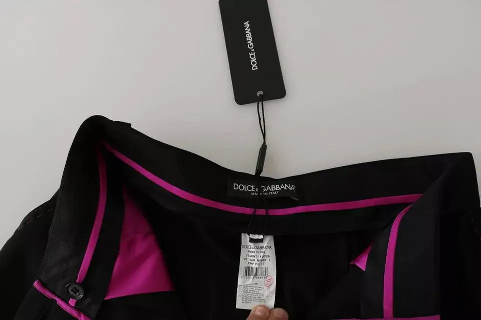 Blouse dolce & gabbana noire en laine avec bordure rose vif et doublure satinée pantalon cropped plissé taille haute en laine