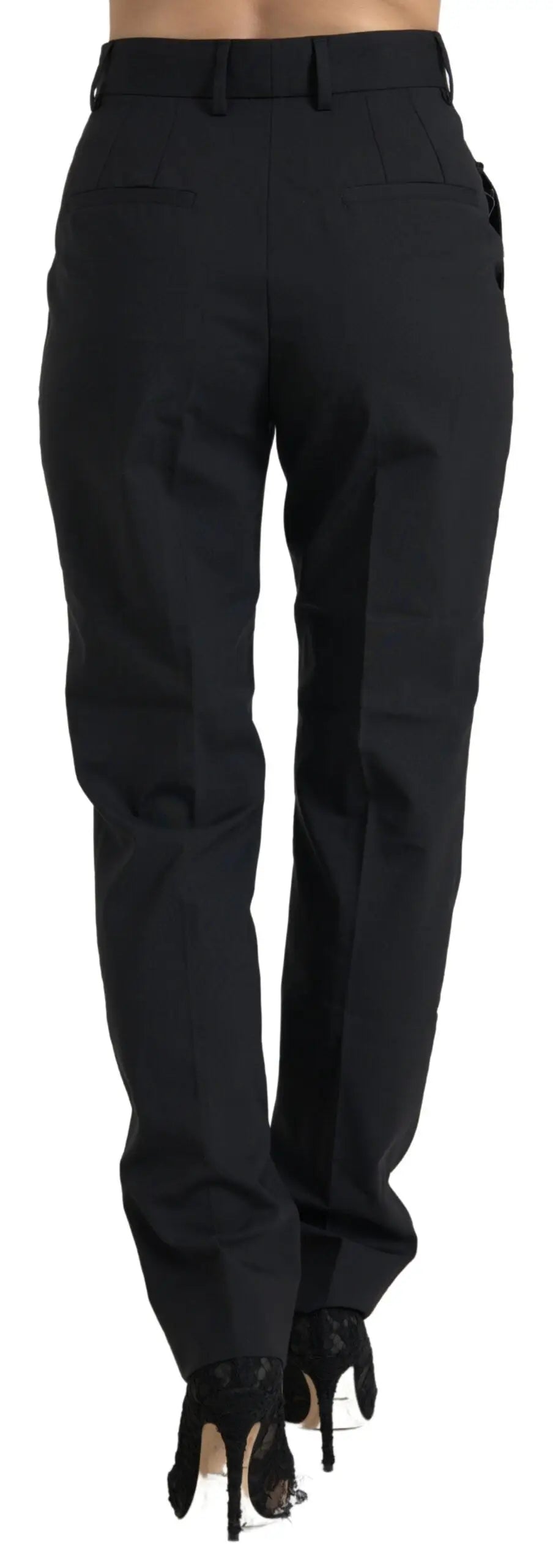 Pantalon noir en laine haute taille dolce & gabbana avec coupe droite et plis subtils à la taille