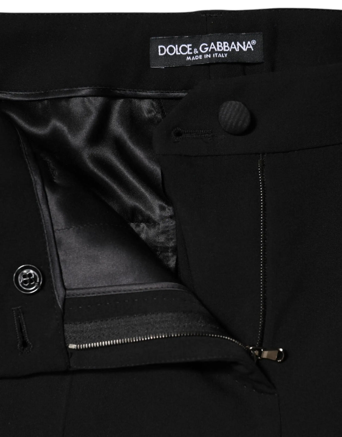 Pantalon dolce & gabbana noir en laine taille haute avec doublure satinée et boutons métalliques