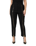 Pantalon noir taille haute en laine dolce gabbana avec fermetures éclair dorées sur les coutures extérieures