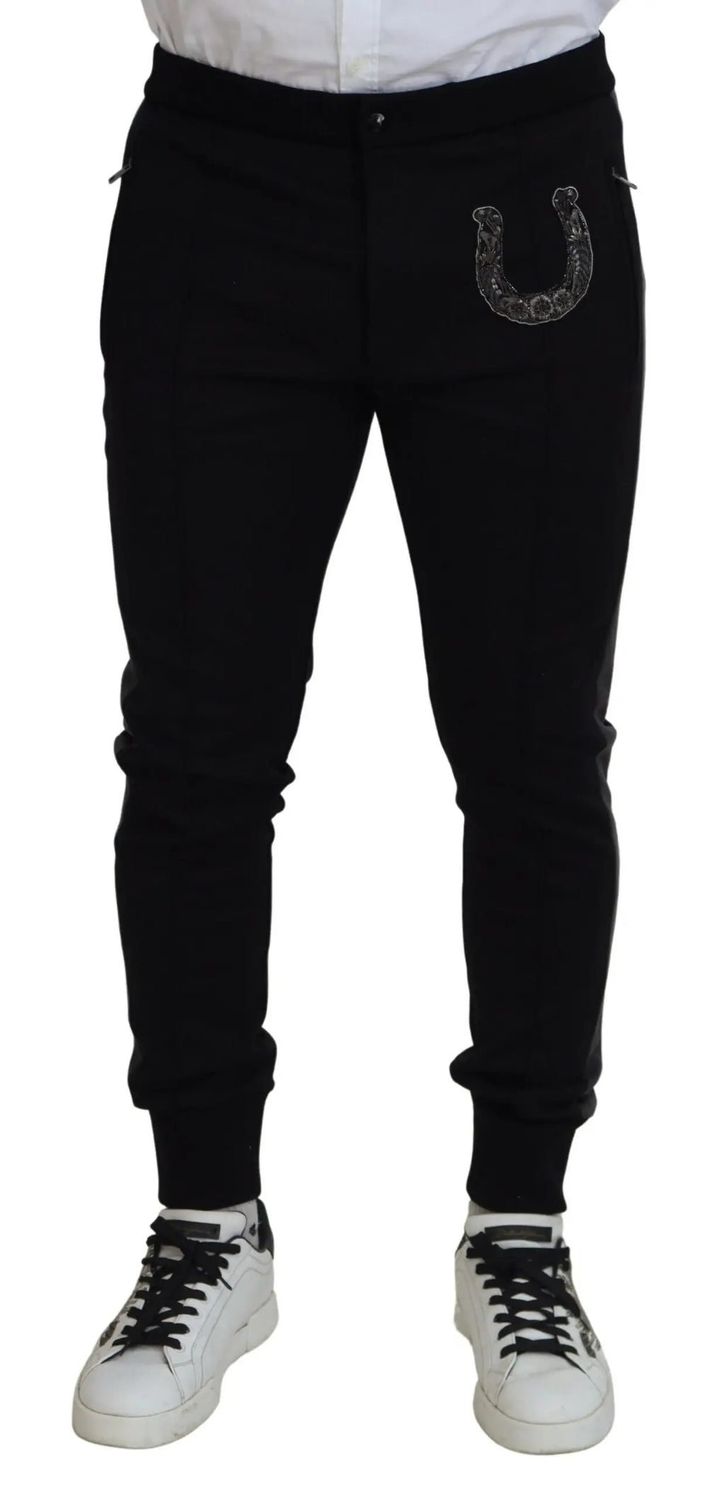 Pantalon de jogging noir en laine dolce gabbana avec emblemme en forme de fer a cheval scintillant sur la cuisse