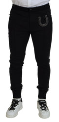 Pantalon de jogging noir en laine dolce gabbana avec emblemme en forme de fer a cheval scintillant sur la cuisse