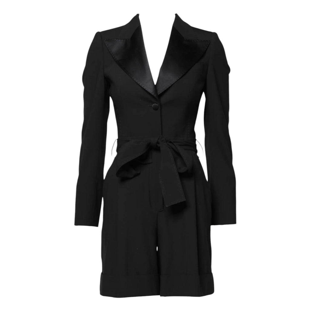 Dolce & gabbana manteau noir en laine avec col en satin et ceinture taille pour femme