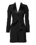 Dolce & gabbana manteau noir en laine pour femme avec col en satin et taille ceinturée