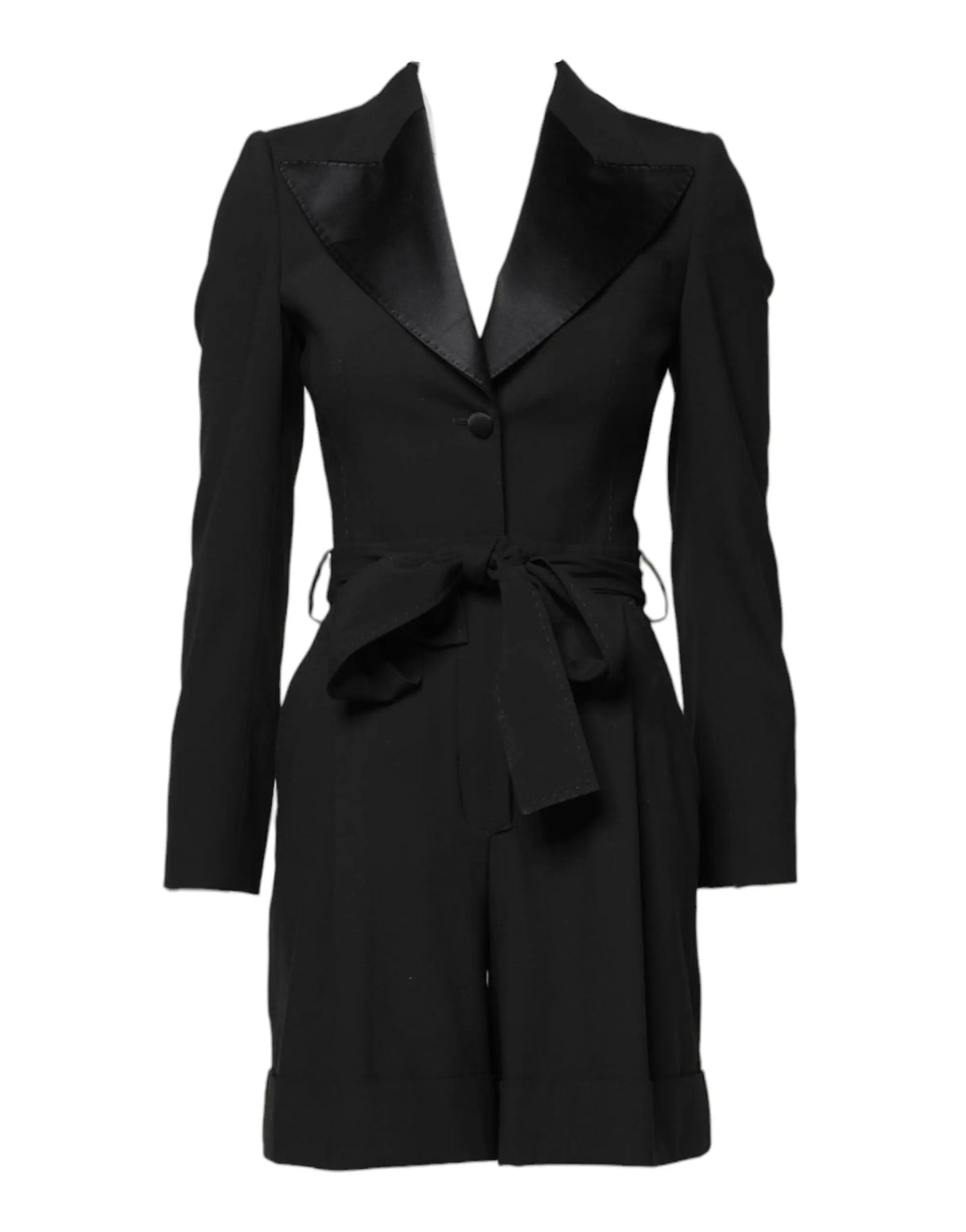 Dolce & gabbana manteau femme noir en laine avec revers en satin et taille ceinturée