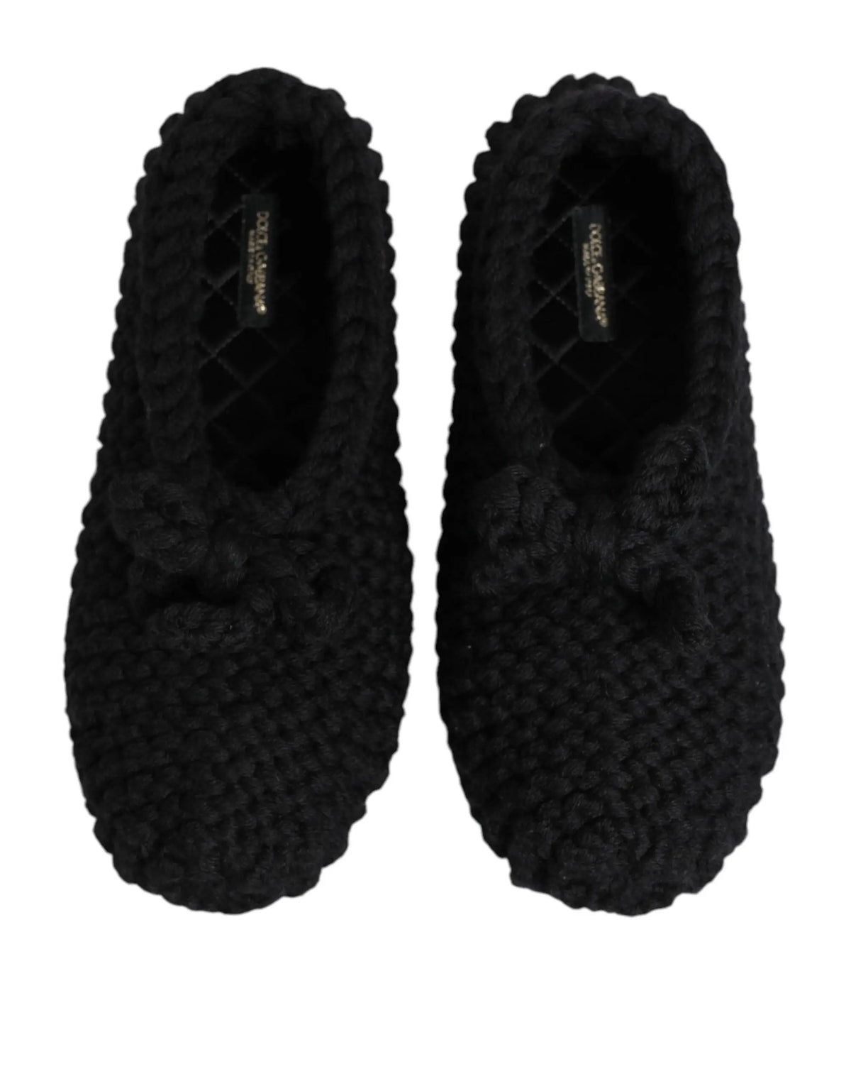 Dolce & gabbana ballerines noires en laine avec motif en tricot épais texturé et nœuds décoratifs