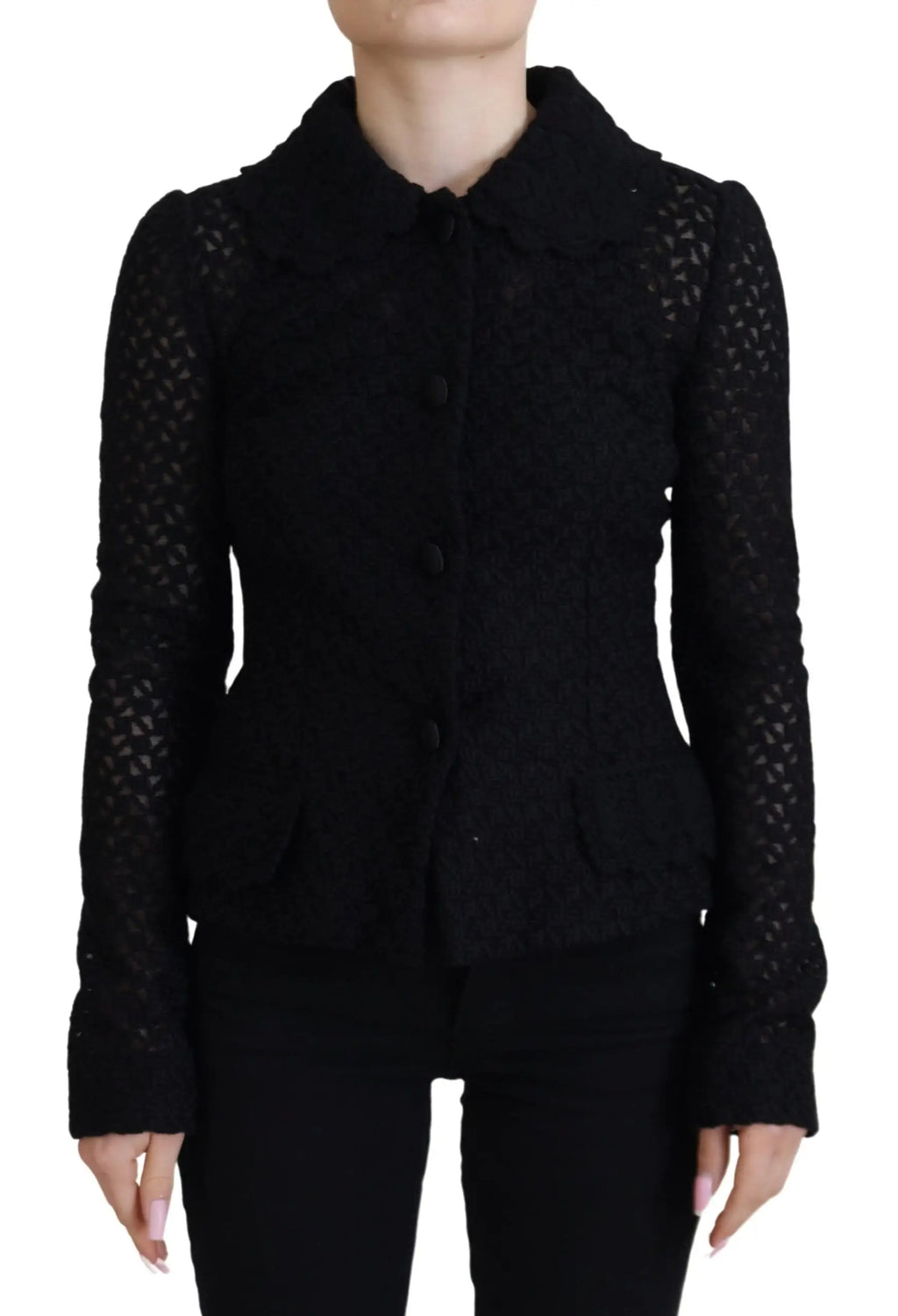 Veste boutonnée noire en laine tricotée dolce & gabbana avec col et manches longues en dentelle noire