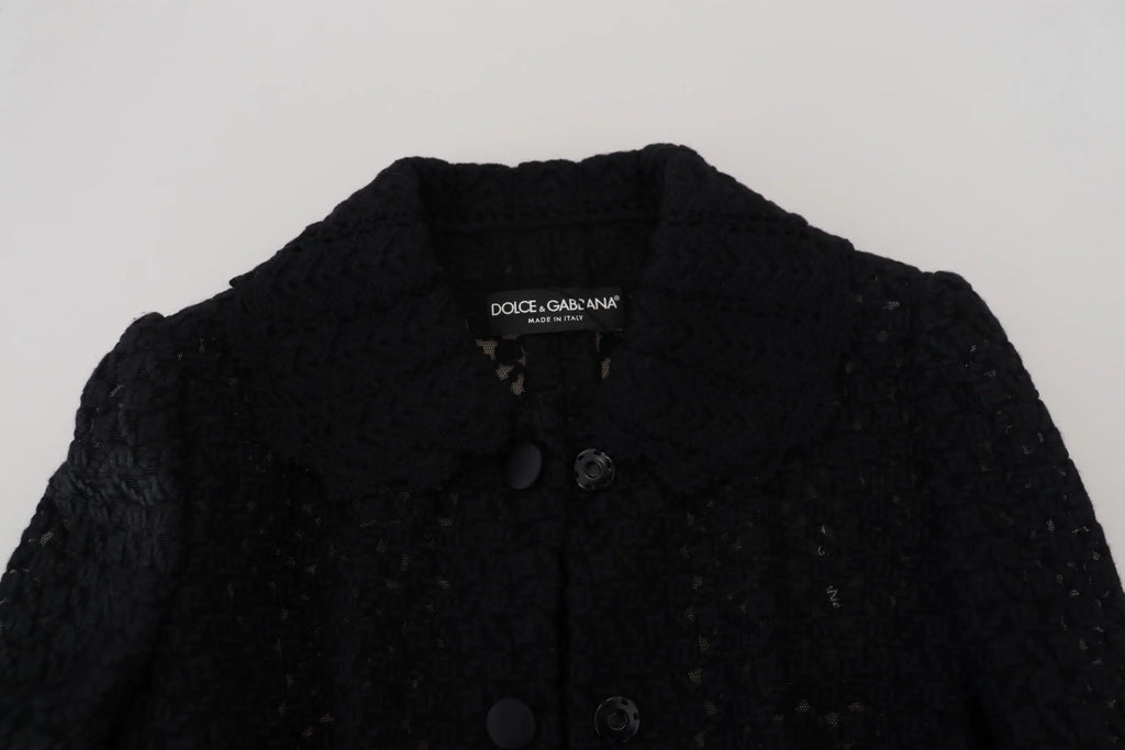 Manteau noir dolce & gabbana en laine avec détails en dentelle et boutons assortis