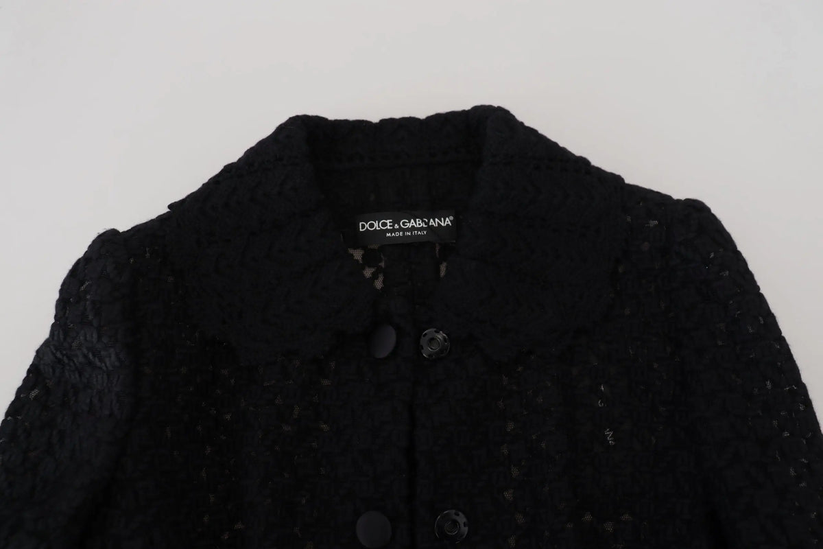 Manteau noir dolce & gabbana en laine avec détails en dentelle et boutons assortis