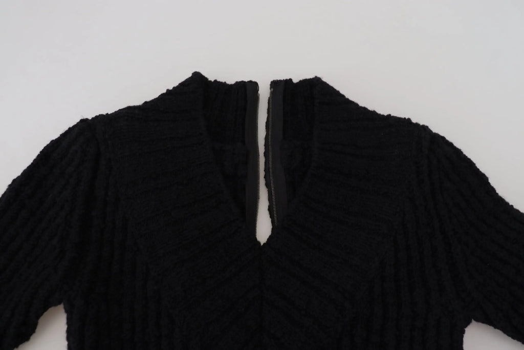 Dolce & gabbana robe pull noire en laine côtelée avec fermeture éclair au niveau du col