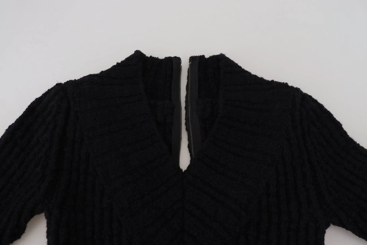 Dolce & gabbana robe pull noire en laine côtelée avec fermeture éclair au niveau du col