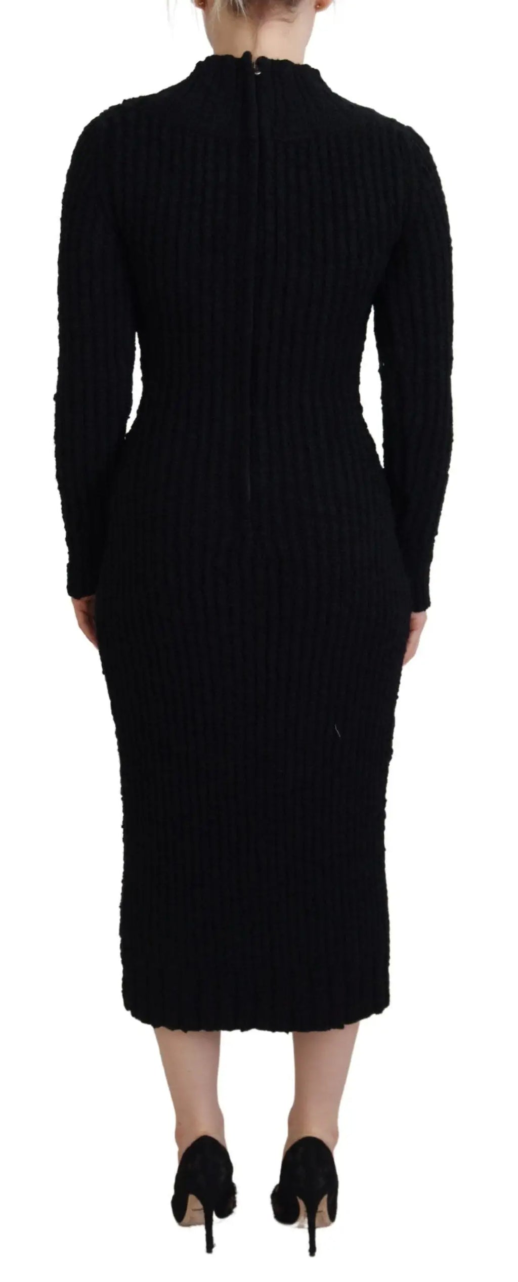 Robe midi noire en laine dolce & gabbana à col montant et manches longues en maille côtelée