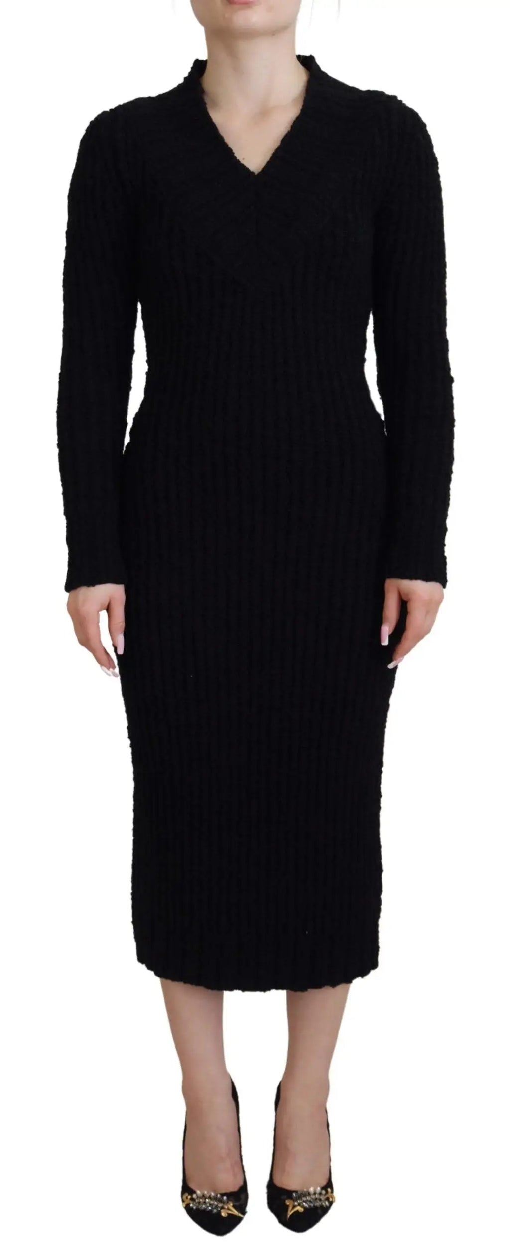 Robe midi en laine noire dolce & gabbana à maille côtelée avec col en v et manches longues