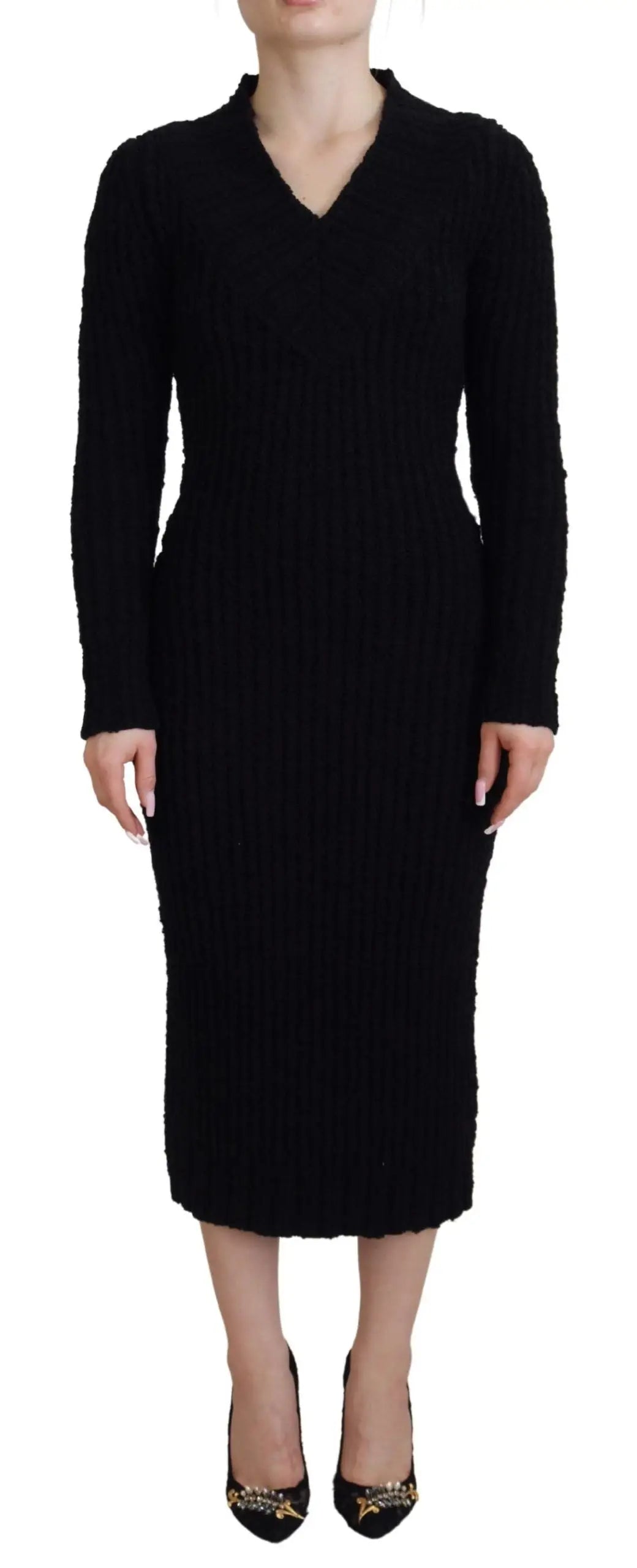 Robe midi en laine noire dolce & gabbana à maille côtelée avec col en v et manches longues