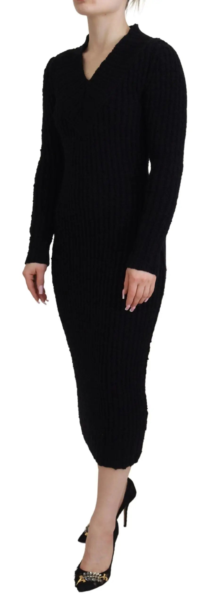 Robe midi noire dolce & gabbana en laine tricotée avec manches longues en maille côtelée et col en v