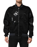Veste bomber homme dolce & gabbana en laine noire avec motif logo dg mania métallique argenté et noir intégral