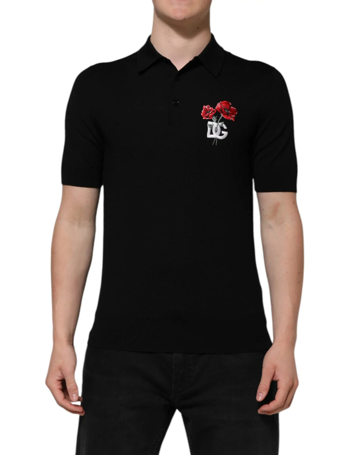 Dolce & gabbana polo noir en laine avec broderie de coquelicot rouge et monogramme sur la poitrine