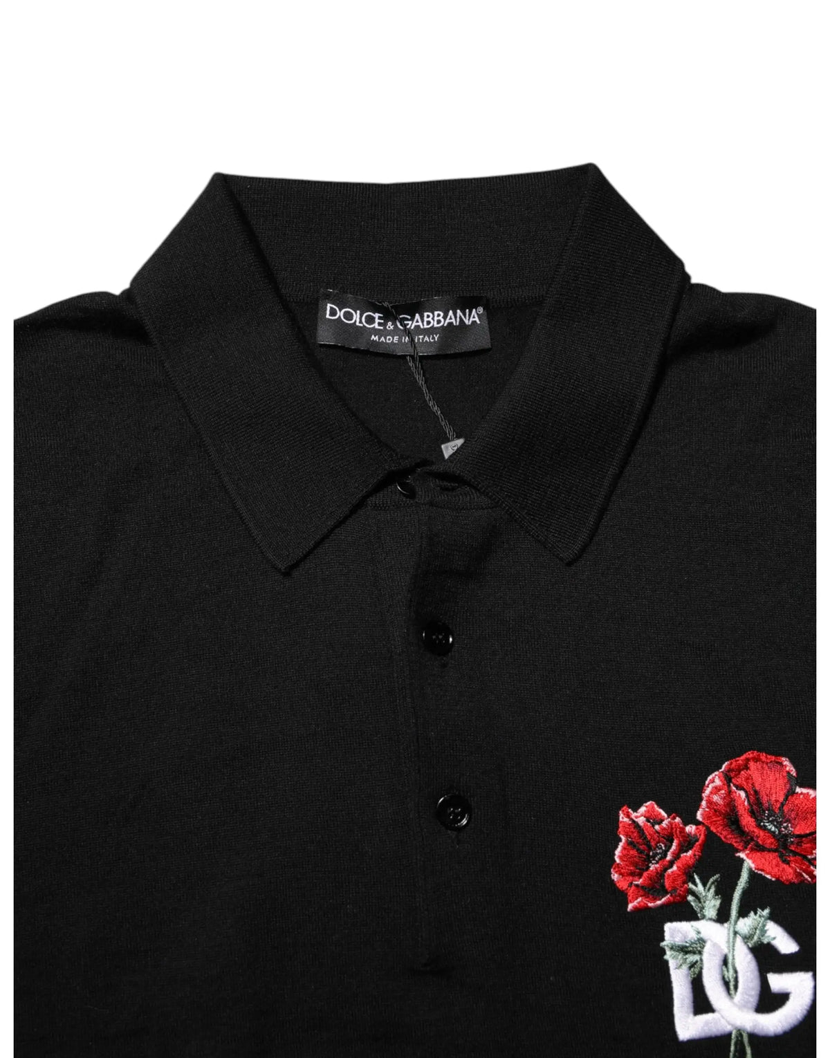 Polo noir dolce & gabbana en laine avec logo blanc dg et coquelicots rouges brodés sur la poitrine