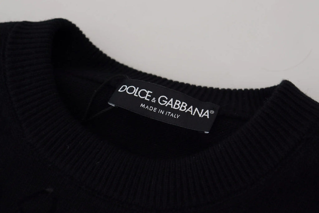 Pull over dolce & gabbana noir en laine avec col côtelé et étiquette made in italy
