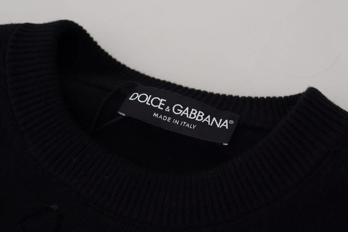 Pull over dolce & gabbana noir en laine avec col côtelé et étiquette made in italy