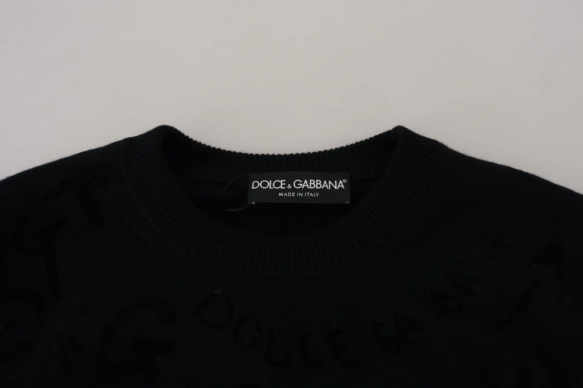 Pull col dolce & gabbana noir en laine avec logo brodé subtil et encolure côtelée