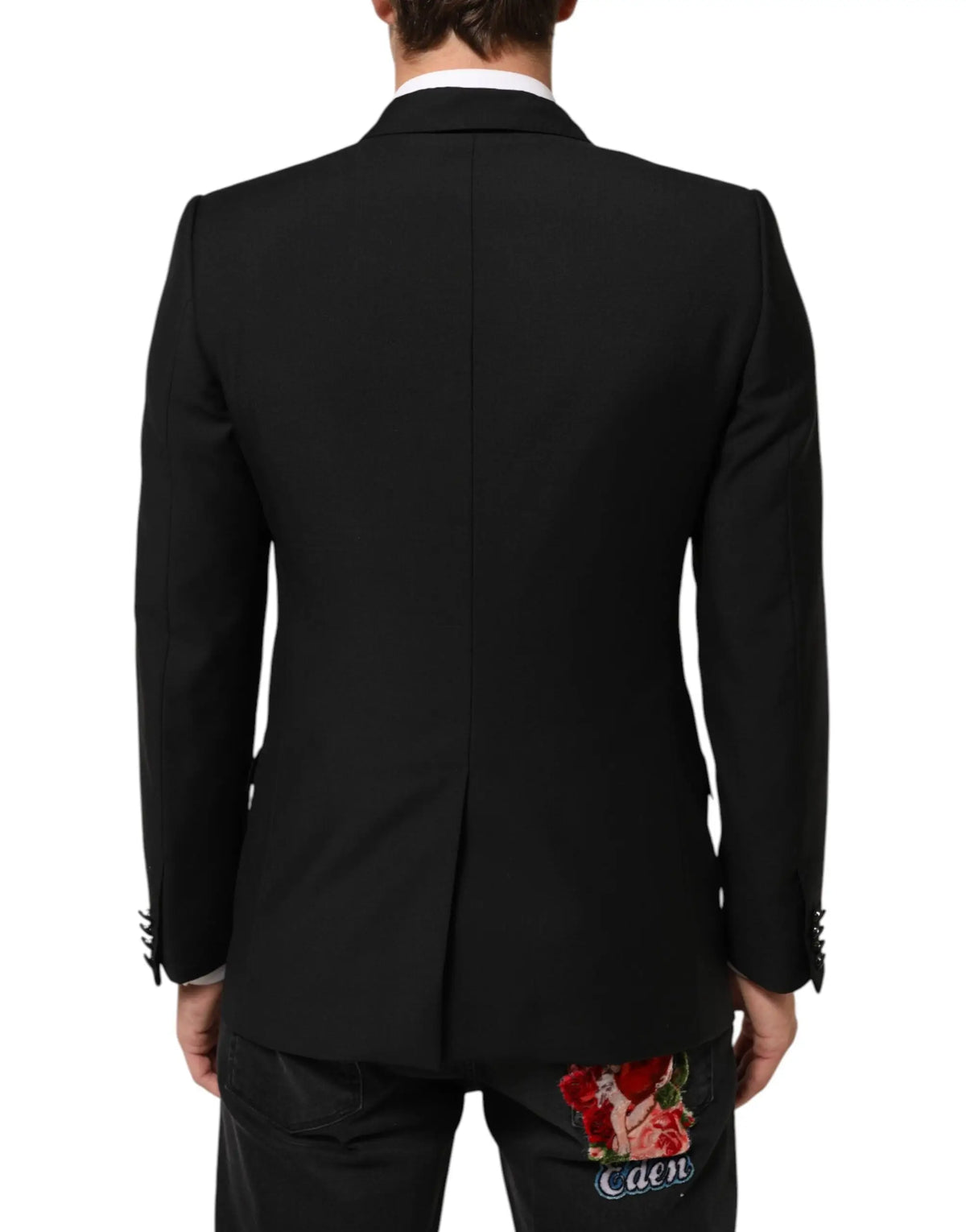 Veste de costume martini dolce & gabbana noire en laine avec patch brodé de rose rouge au bas du dos