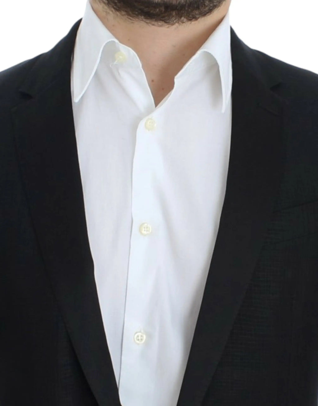 Chemise blanche croquante à boutons crème et plis subtils au col sous blazer noir martini slim en laine dolce & gabbana